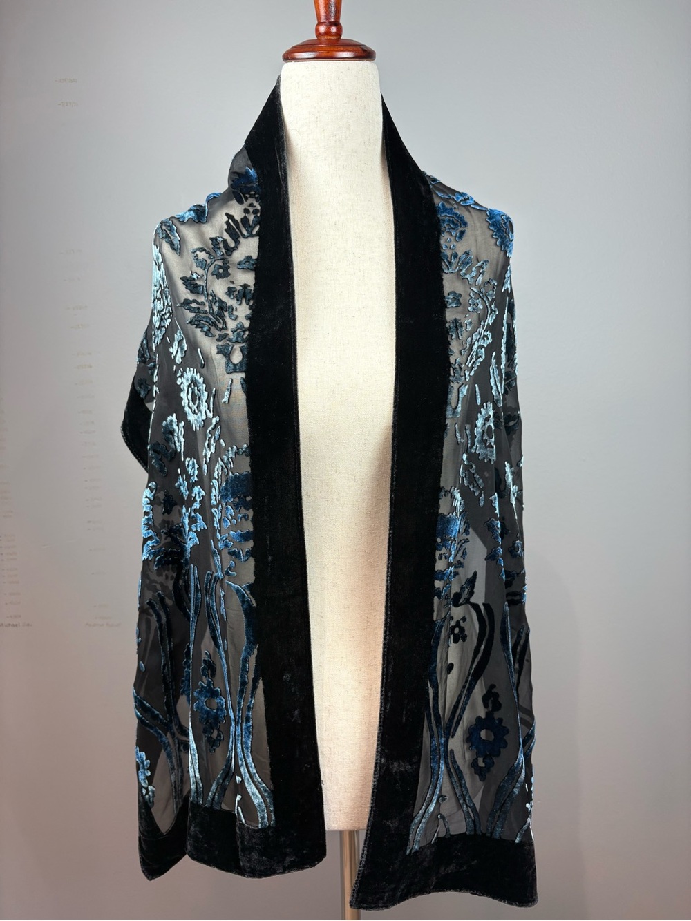 Velvet Burnout Scarf Black with Sheer & Blue Iridescent Floral Design Gorgeous!